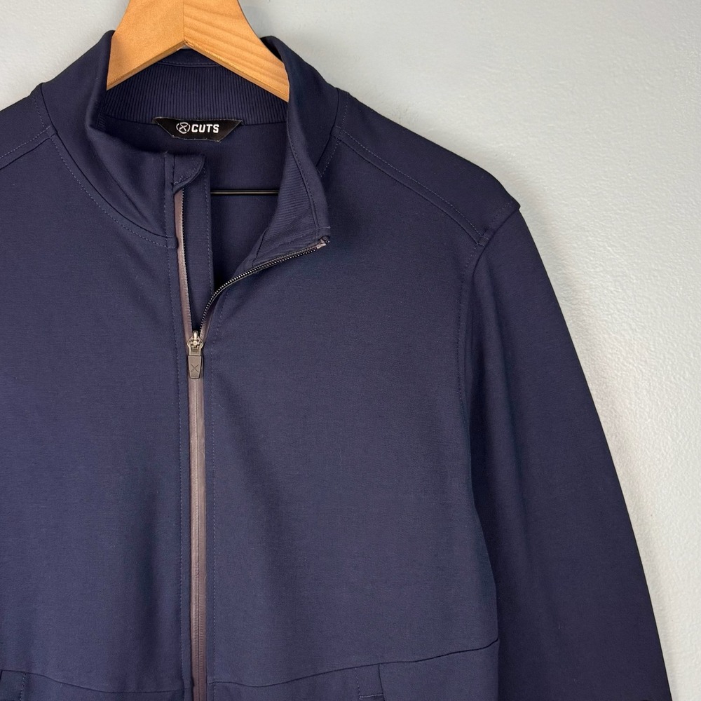 Cuts Mens Large Navy Blue Full Zip Performance Tech Bomber Jacket Coat Stretch
